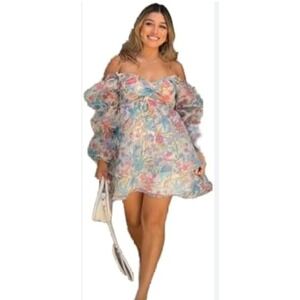Forever 21 Floral Pastel Organza Puff Sleeve Babydoll‎ Mini Dress Vtg Y2K Medium